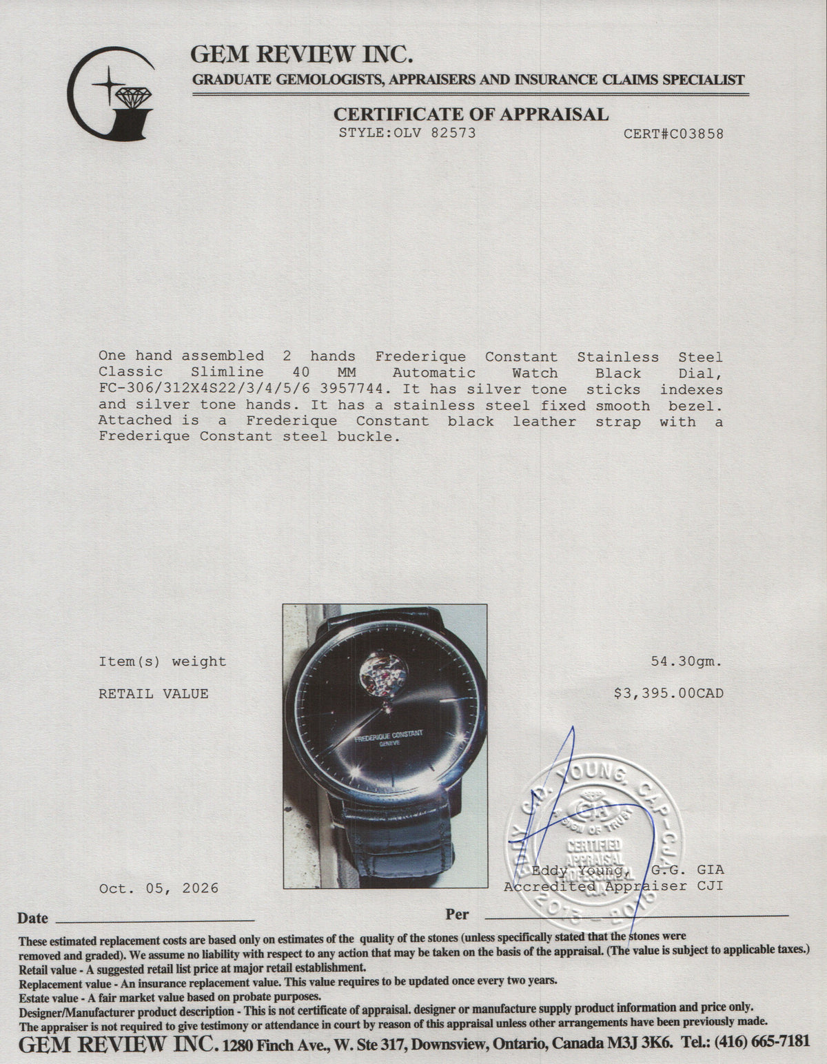 Frederique Constant Stainless Steel Classic Slimline 40 MM Automatic Watch Black Dial w/ Box & Papers