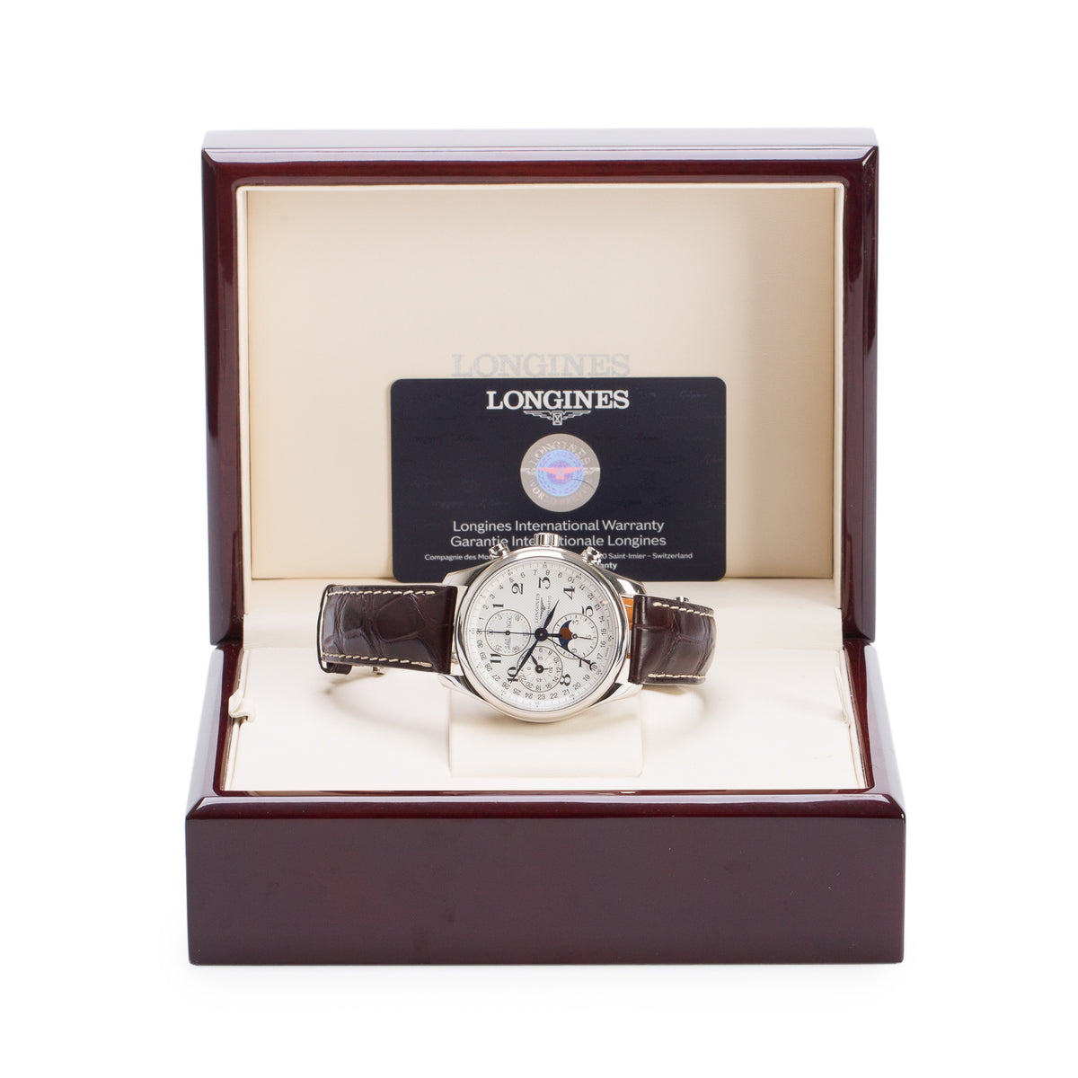 Longines Stainless Steel Master Collection 42 MM Automatic Moonphase Chronograph Watch Silver Dial w/ Box & Papers