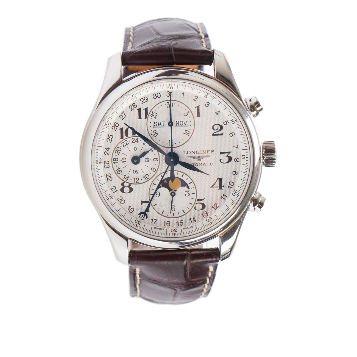 Longines Stainless Steel Master Collection 42 MM Automatic Moonphase Chronograph Watch Silver Dial w/ Box & Papers