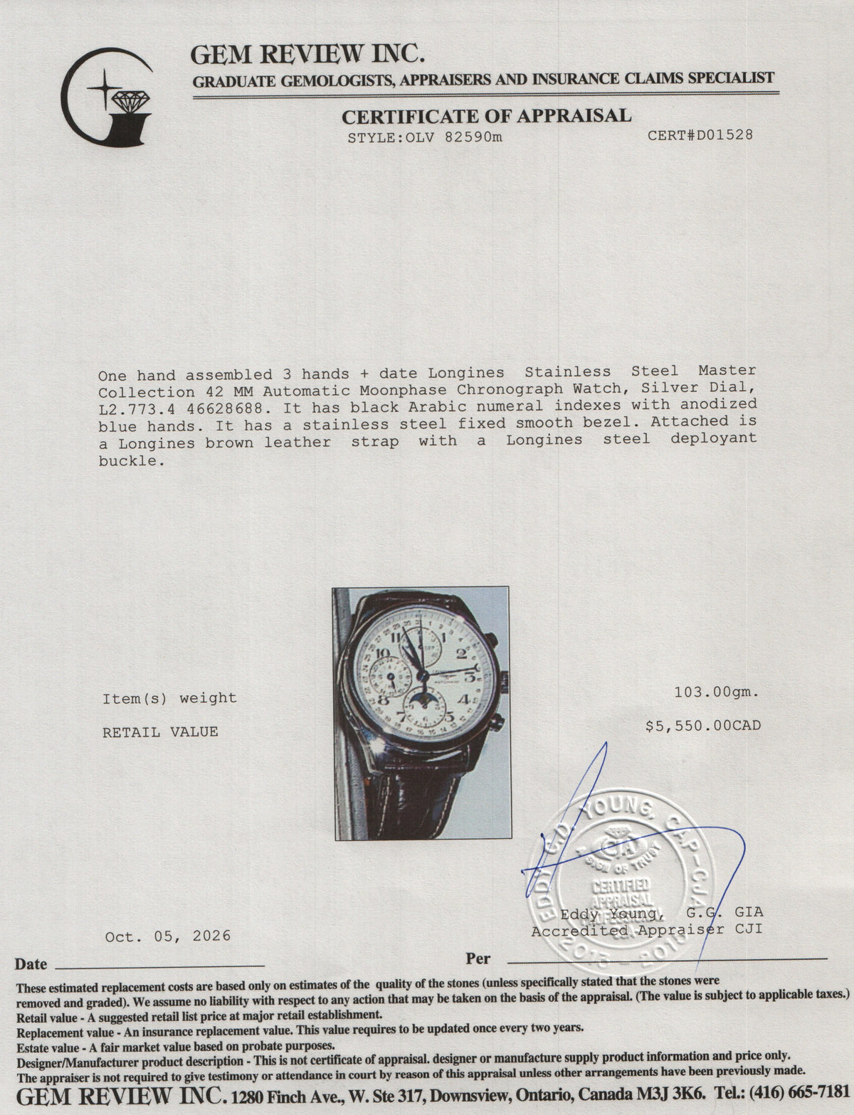 Longines Stainless Steel Master Collection 42 MM Automatic Moonphase Chronograph Watch Silver Dial w/ Box & Papers