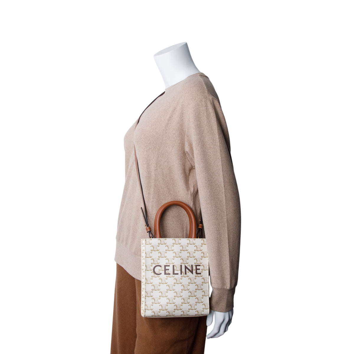 Celine 2022 White Triomphe Canvas Calfskin Mini Vertical Cabas w/ Strap