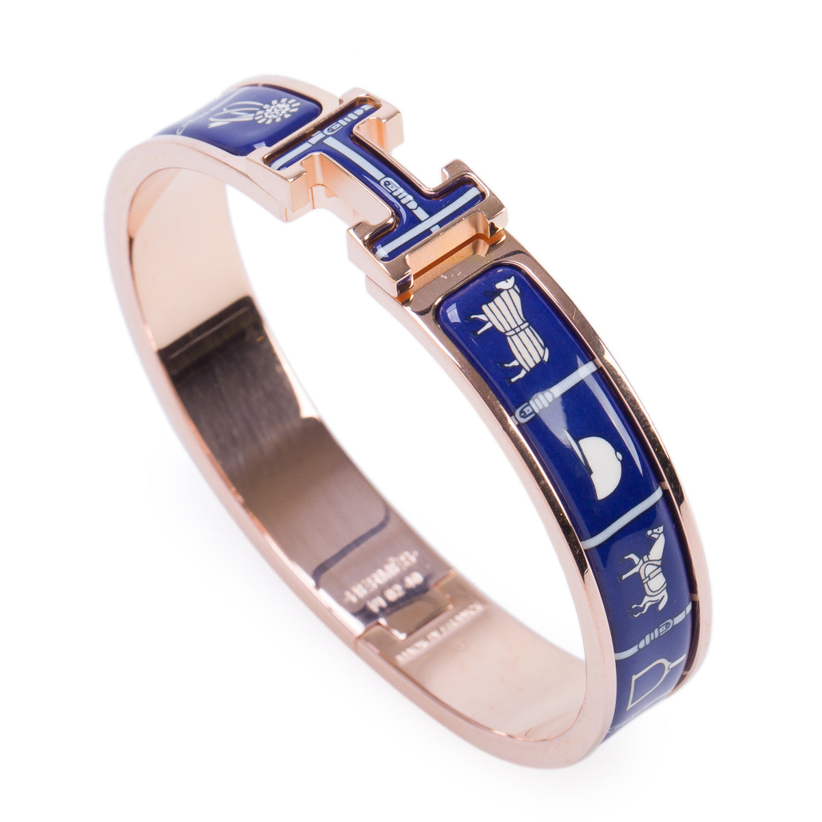 Hermes Gold Plated Blue Couvertures Et Tenues De Jour Enamel 12 MM Clic H Bracelet