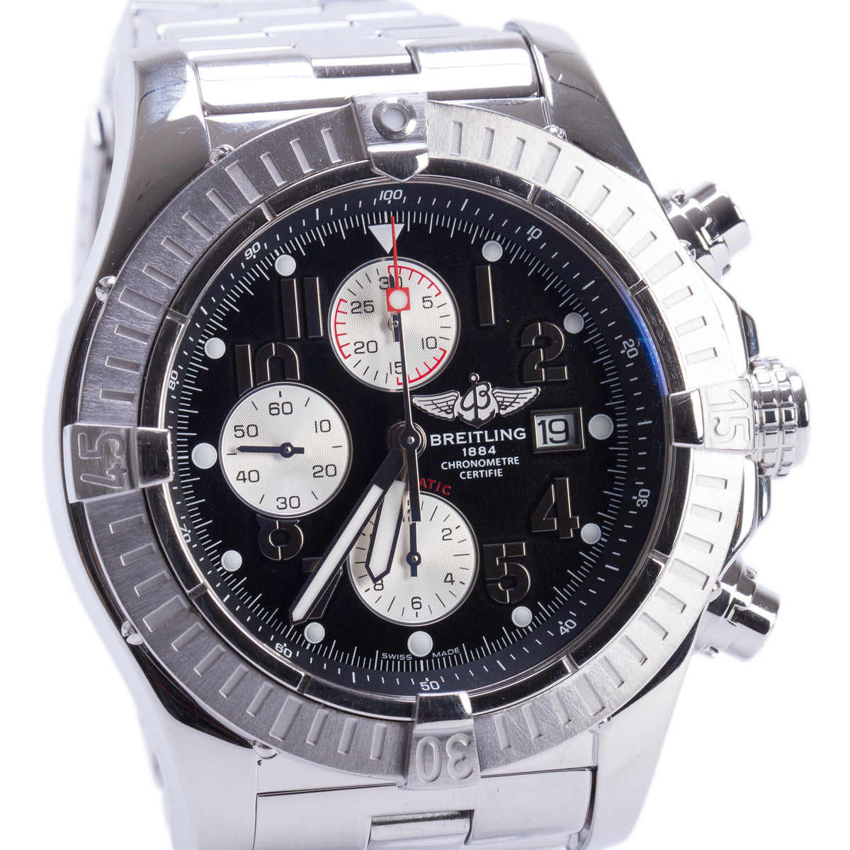 Breitling Stainless Steel Super Avenger 48 MM Automatic Chronograph Watch Black Dial A13370