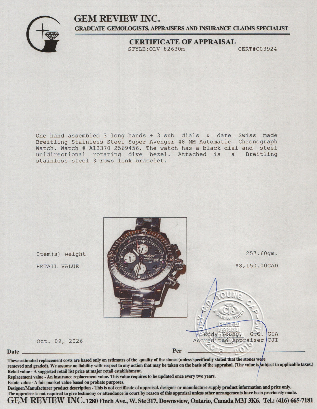 Breitling Stainless Steel Super Avenger 48 MM Automatic Chronograph Watch Black Dial A13370