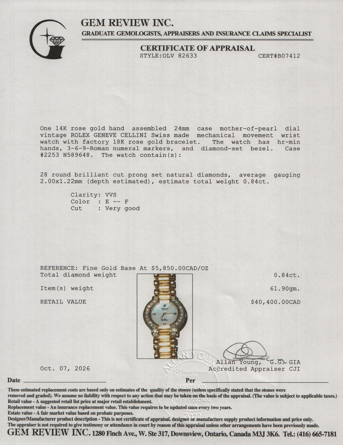 Rolex Vintage 18k Yellow Gold Diamond Bezel Cellini 24 MM Manual Watch Mother of Pearl Dial 2253