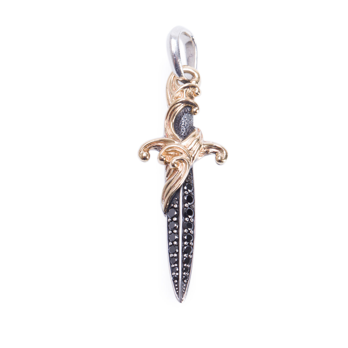 David Yurman Sterling Sliver & 18k Yellow Gold Black Diamond Waves Dagger Amulet Pendant w/ Box
