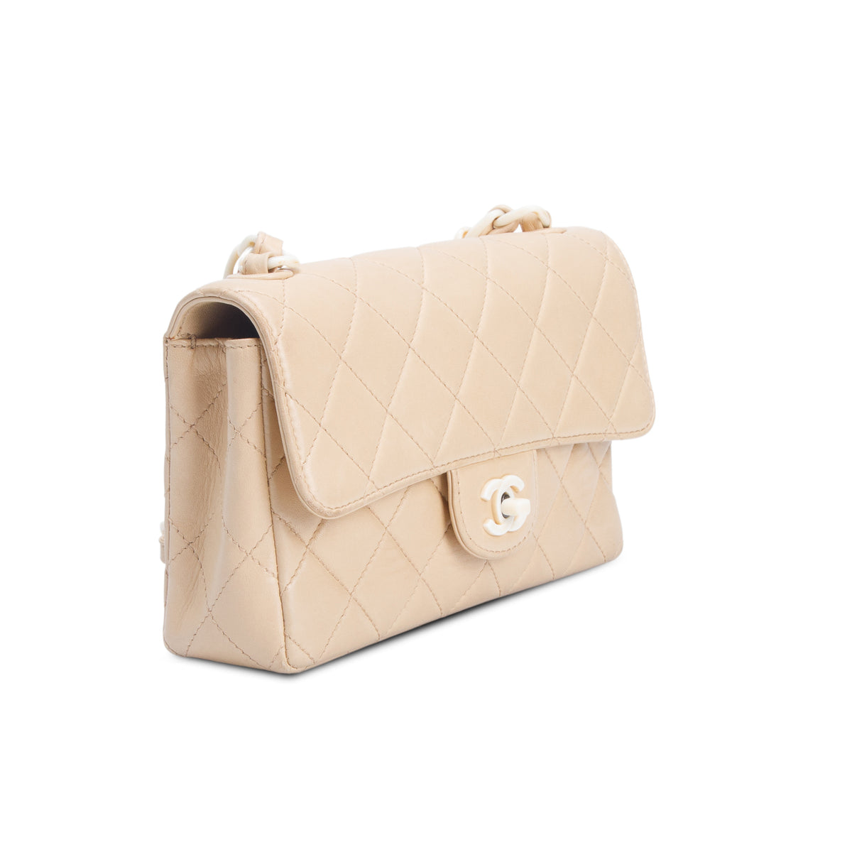 Chanel Vintage Beige Quilted Lambskin Acrylic Small Single Flap w/ Authenticity Card