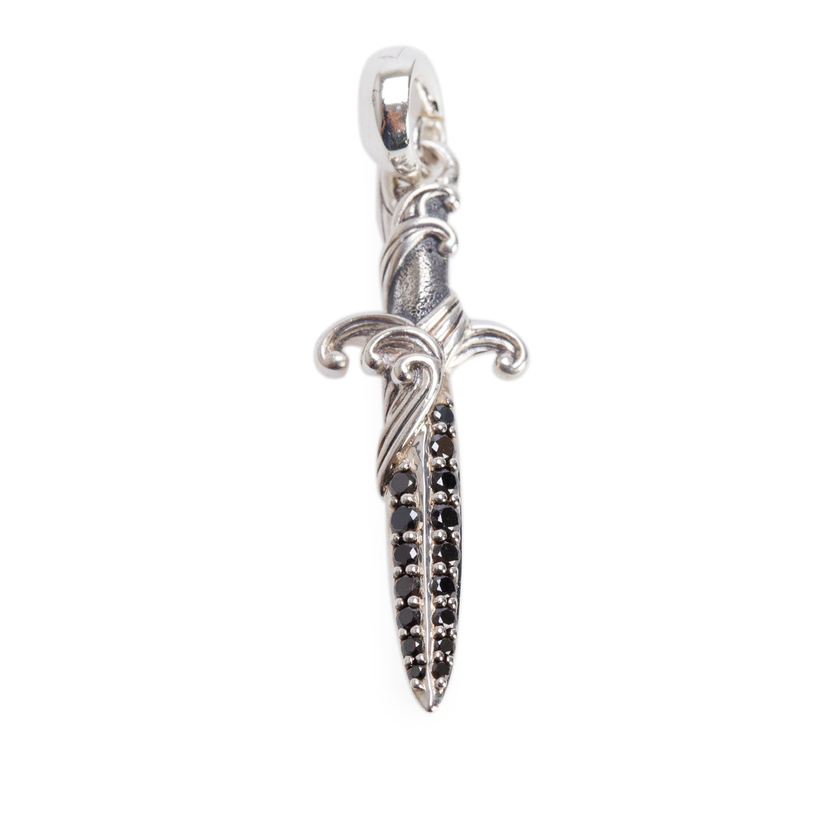 David Yurman Sterling Sliver Black Diamond 31MM Waves Dagger Amulet Pendant