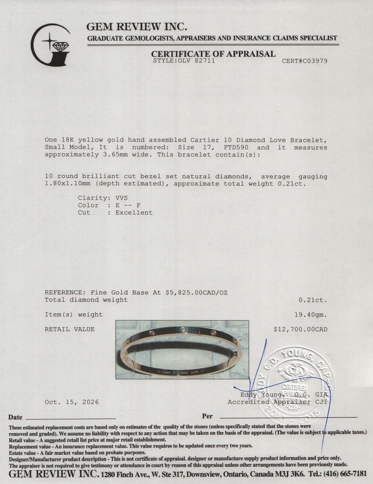 Cartier 18k Yellow Gold 10 Diamond Love Bracelet, Small Model Size 17 w/ Box & Certificate