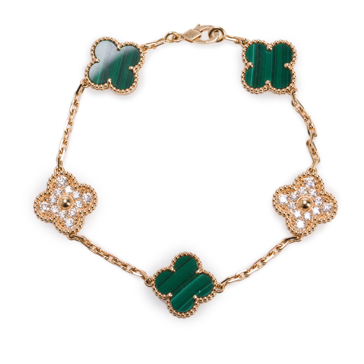 Van Cleef & Arpels 2026 18k Yellow Gold Vintage 5 Motif Malachite & Diamond Bracelet w/ Box & Certificate