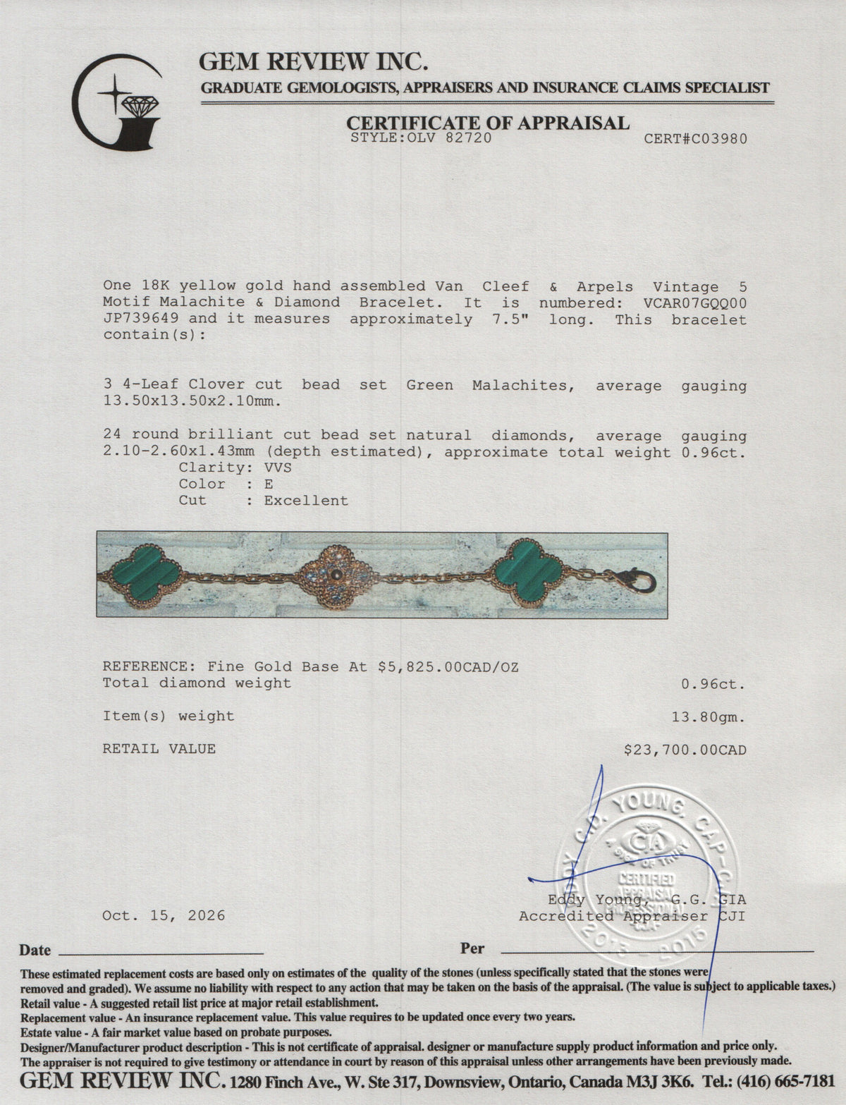 Van Cleef & Arpels 2026 18k Yellow Gold Vintage 5 Motif Malachite & Diamond Bracelet w/ Box & Certificate