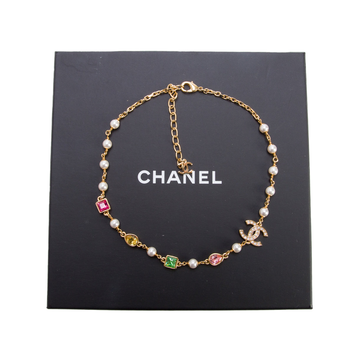 Chanel 2026 Gold-Plated Metal Strass CC Faux Pearl Multicolor Crystal Necklace w/ Box