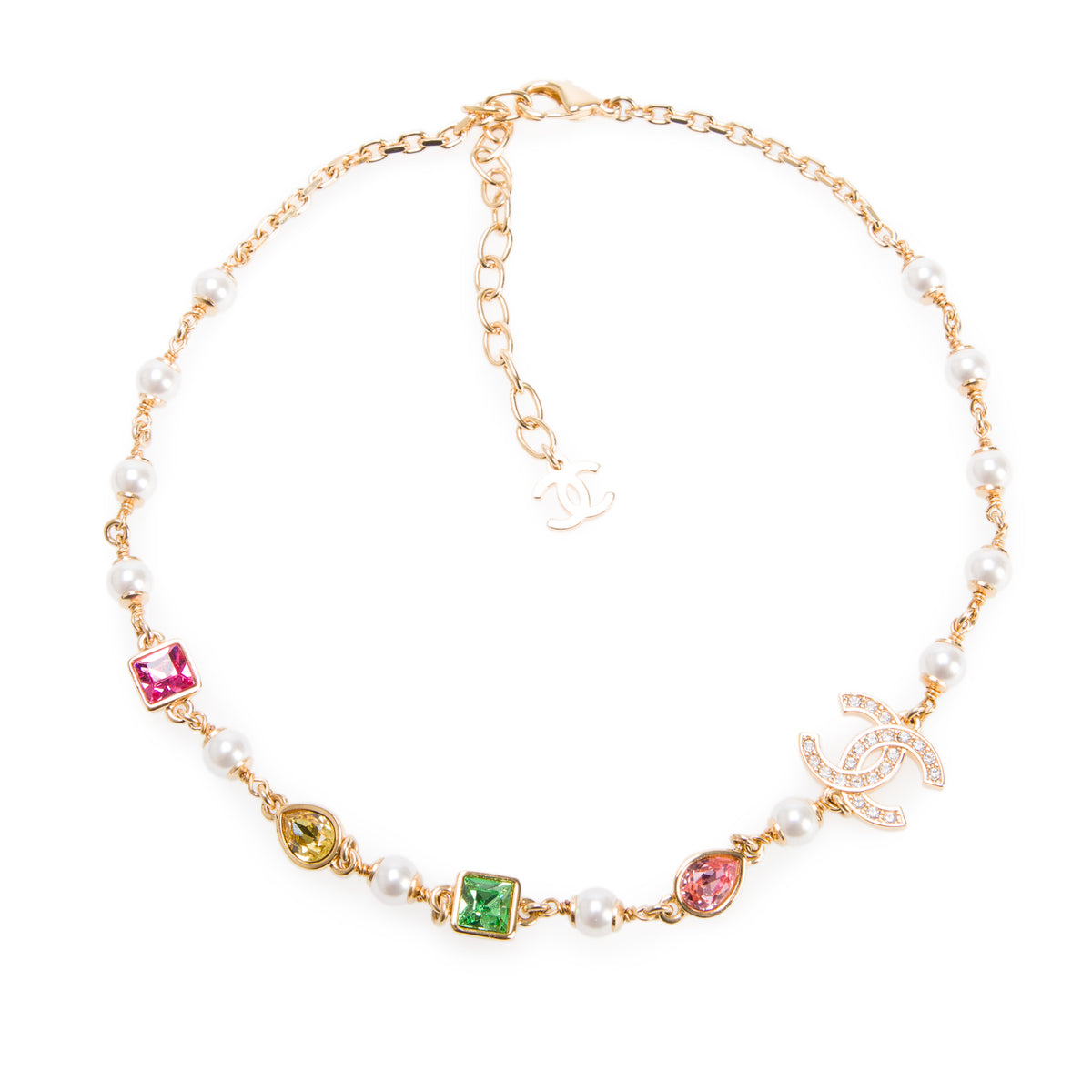 Chanel 2026 Gold-Plated Metal Strass CC Faux Pearl Multicolor Crystal Necklace w/ Box