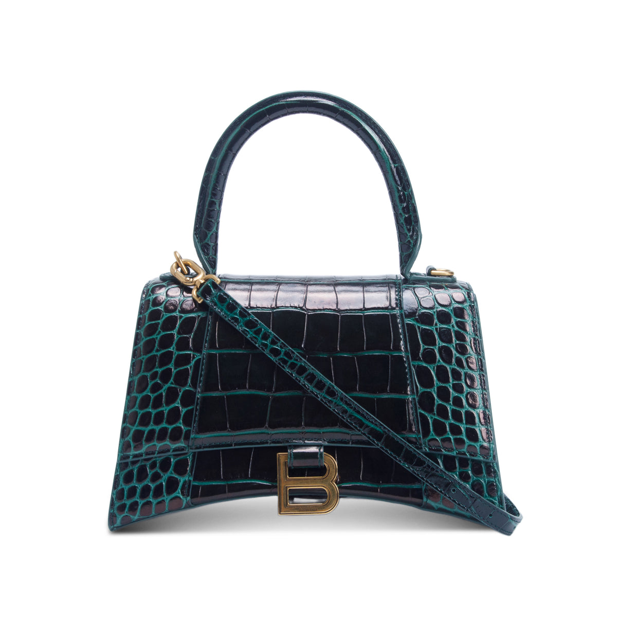 Balenciaga Green Croc Embossed Leather Small Hourglass Top Handle Bag w/ Strap