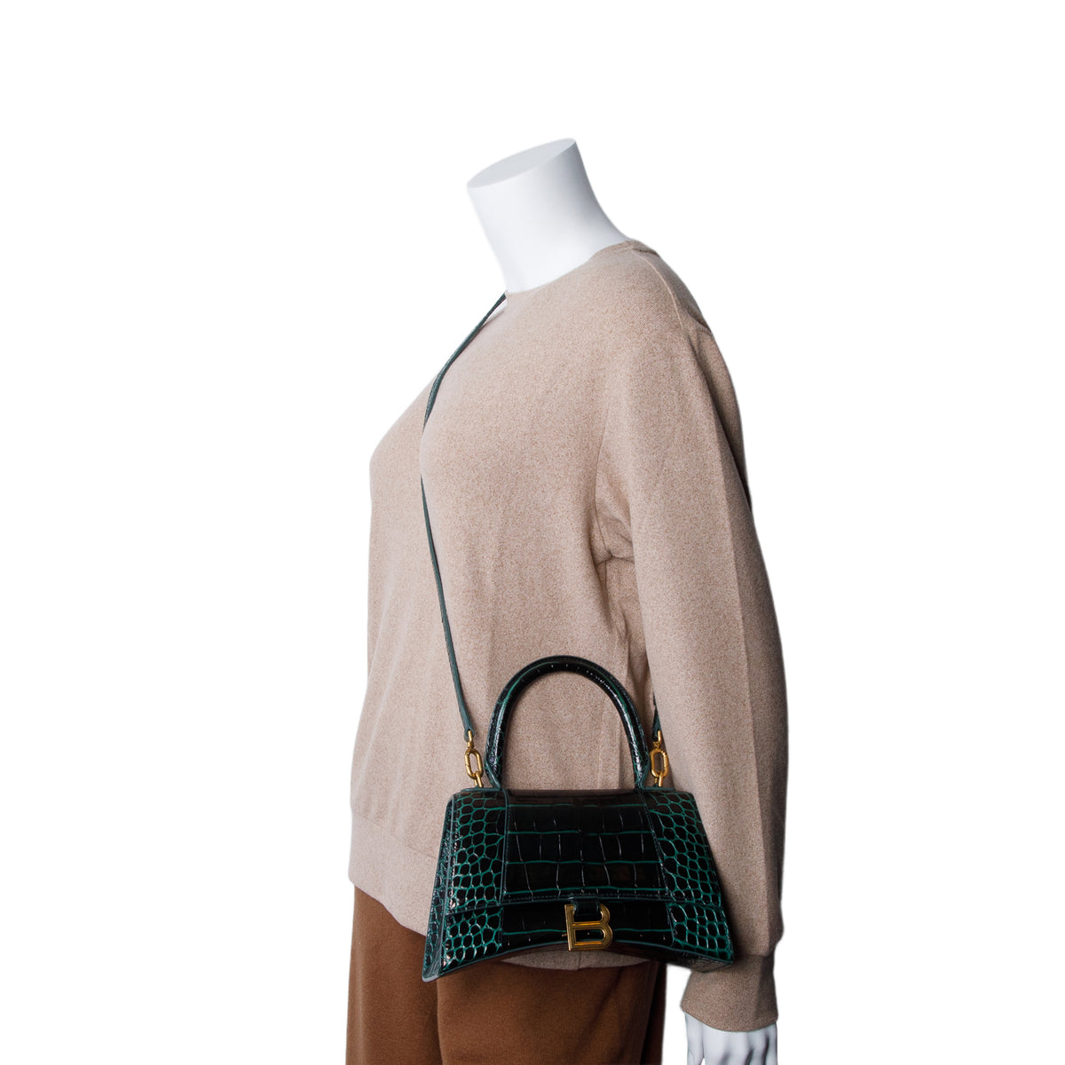 Balenciaga Green Croc Embossed Leather Small Hourglass Top Handle Bag w/ Strap