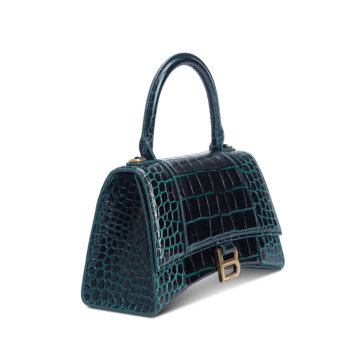 Balenciaga Green Croc Embossed Leather Small Hourglass Top Handle Bag w/ Strap