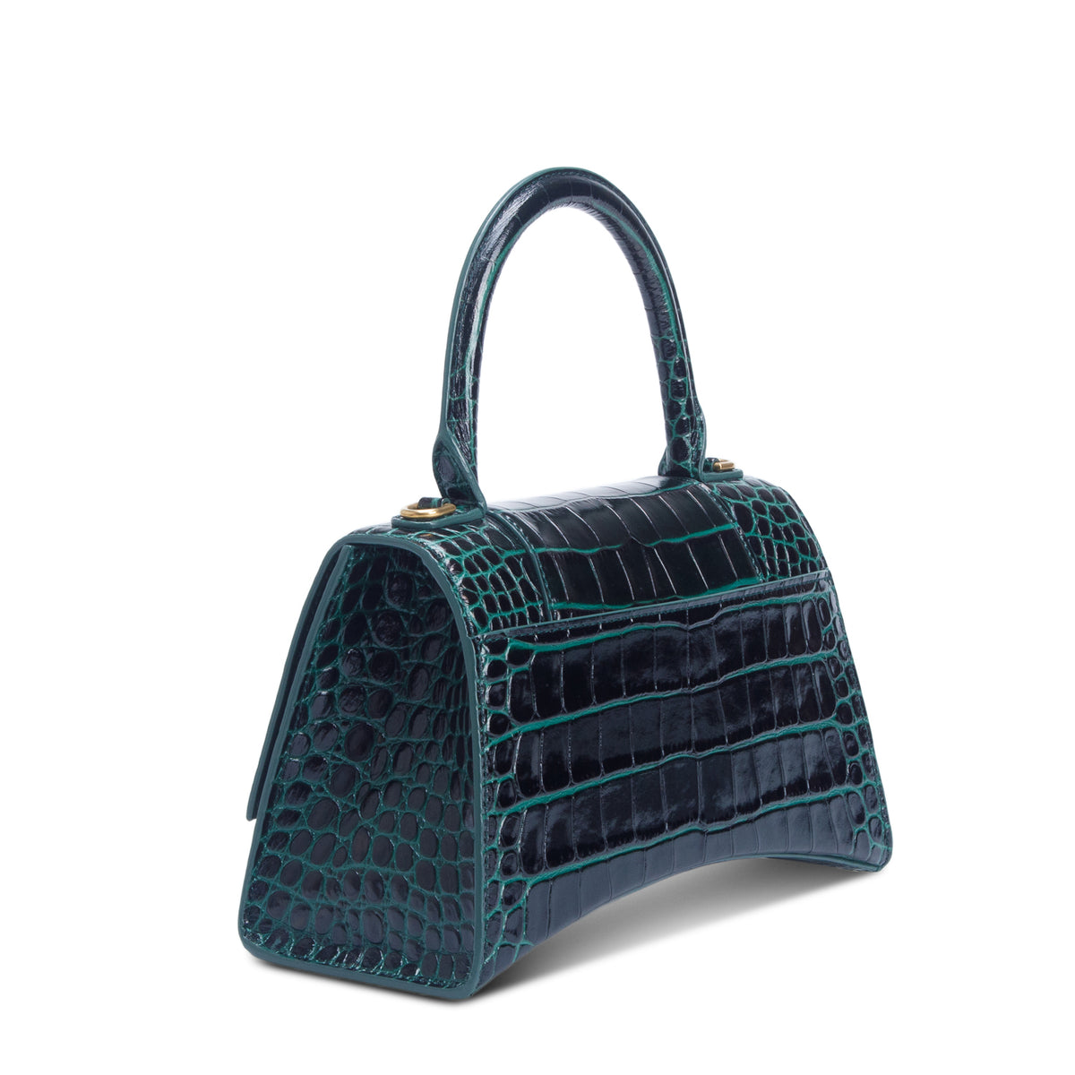 Balenciaga Green Croc Embossed Leather Small Hourglass Top Handle Bag w/ Strap