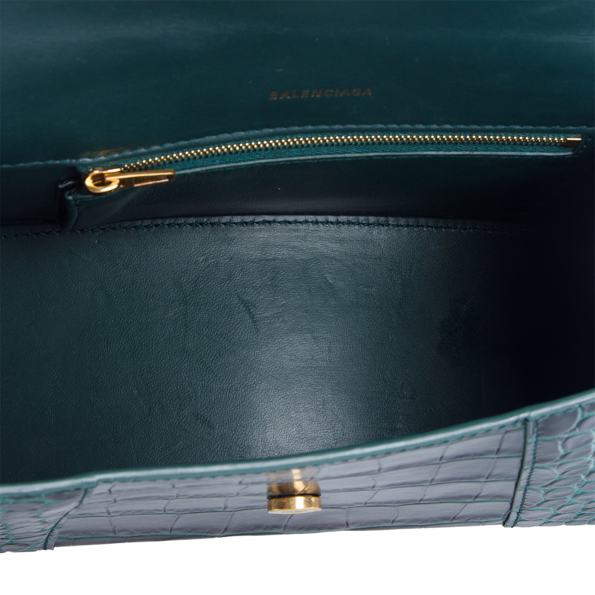 Balenciaga Green Croc Embossed Leather Small Hourglass Top Handle Bag w/ Strap