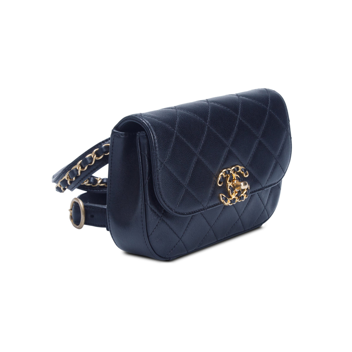 Chanel Black Lambskin Quilted Chain Infinity Waist Belt Bag w/ Box & Authenticity Card