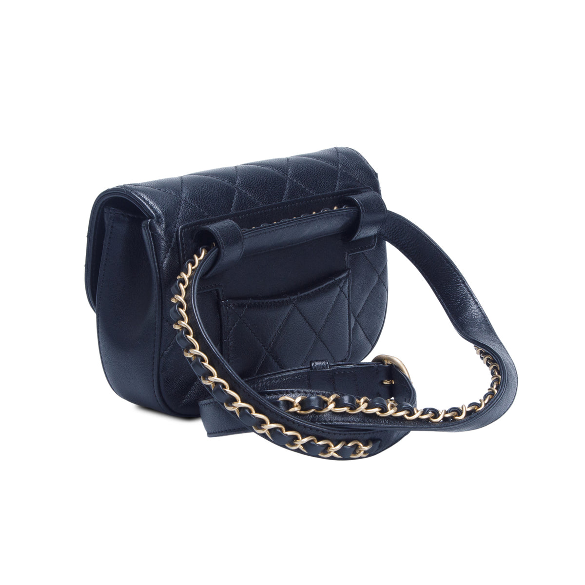 Chanel Black Lambskin Quilted Chain Infinity Waist Belt Bag w/ Box & Authenticity Card