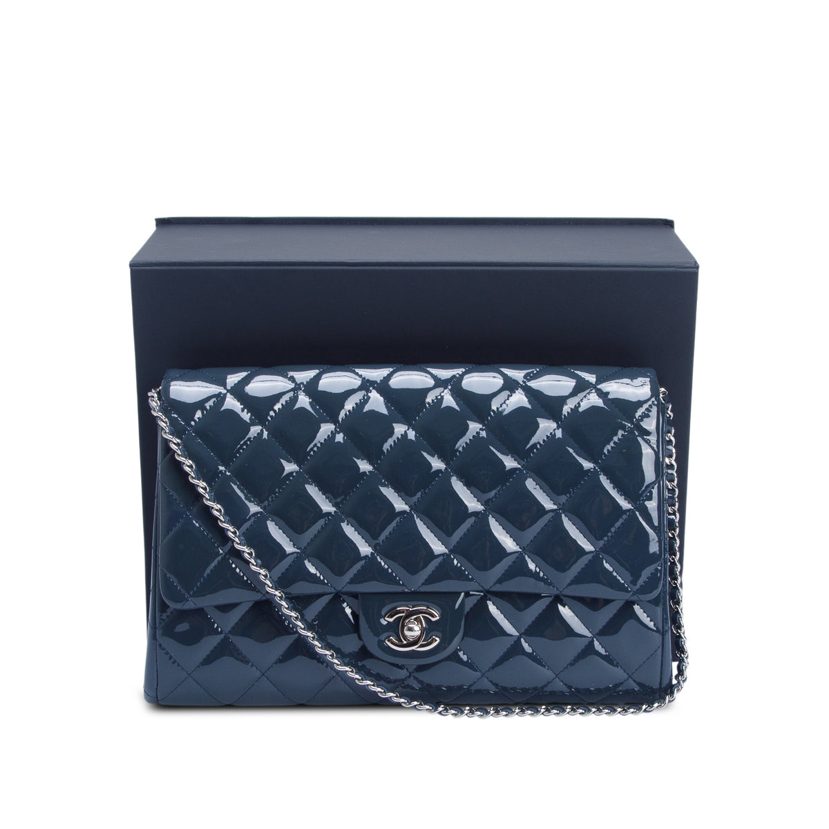 Chanel Blue Quilted Patent Leather New Clutch w/ Chain, Box, Authenticity Card & Receipt