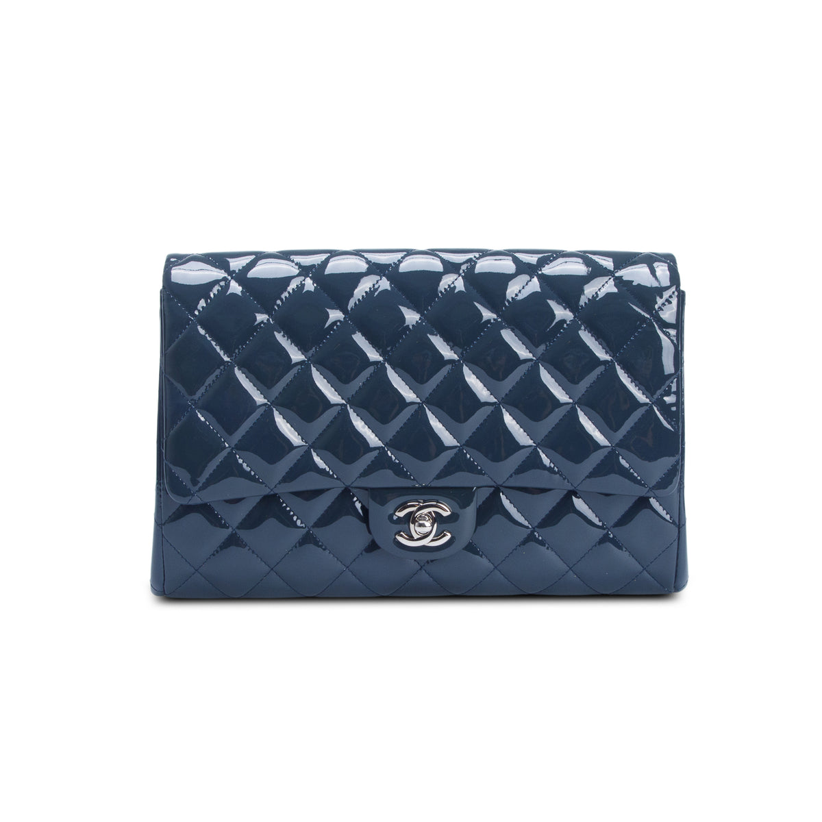 Chanel Blue Quilted Patent Leather New Clutch w/ Chain, Box, Authenticity Card & Receipt