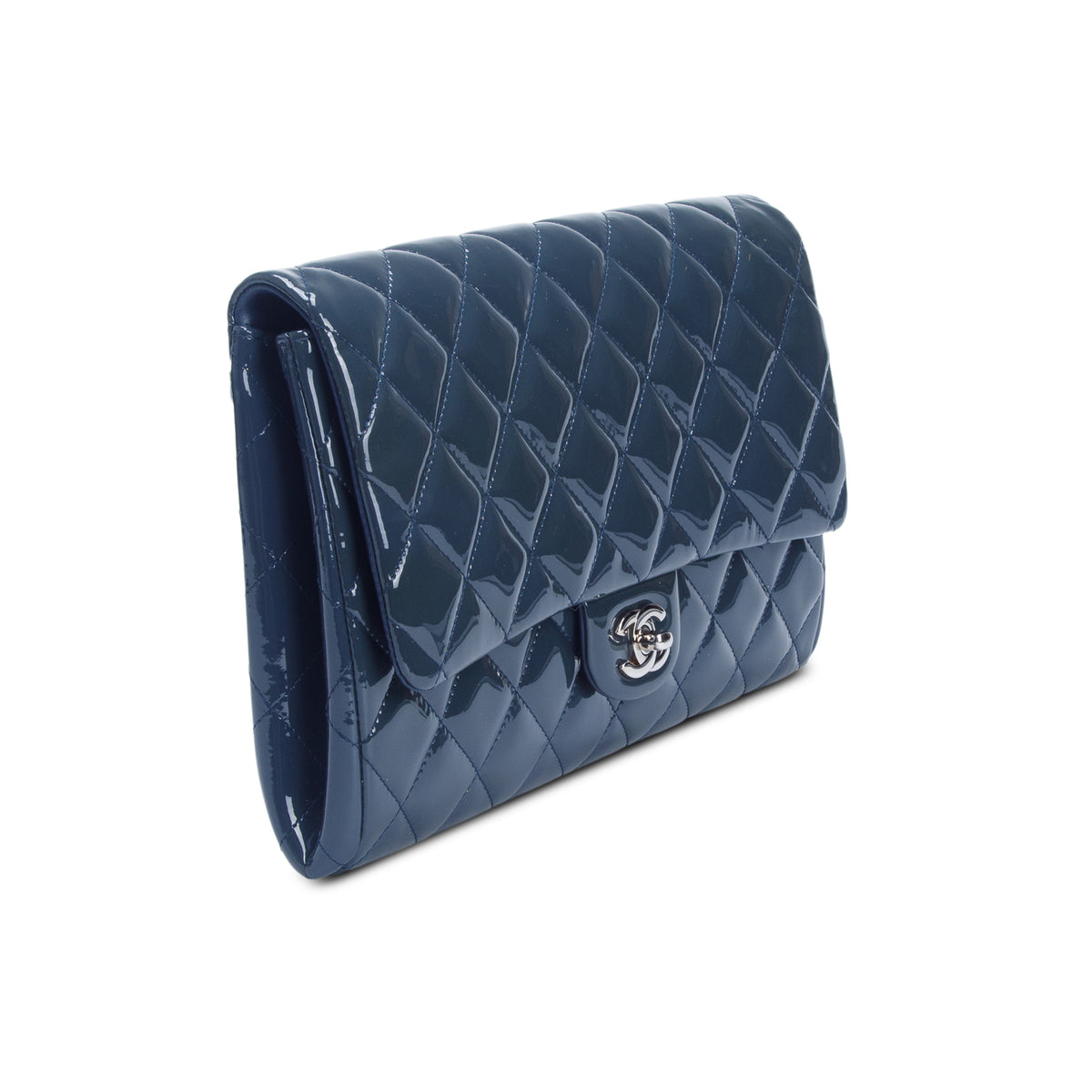 Chanel Blue Quilted Patent Leather New Clutch w/ Chain, Box, Authenticity Card & Receipt