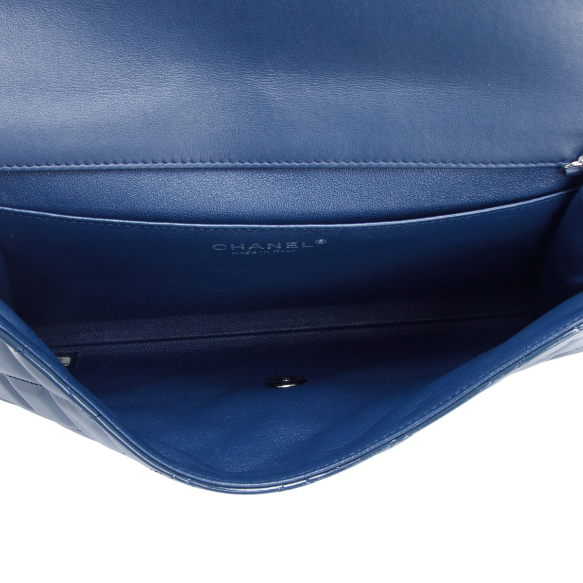Chanel Blue Quilted Patent Leather New Clutch w/ Chain, Box, Authenticity Card & Receipt