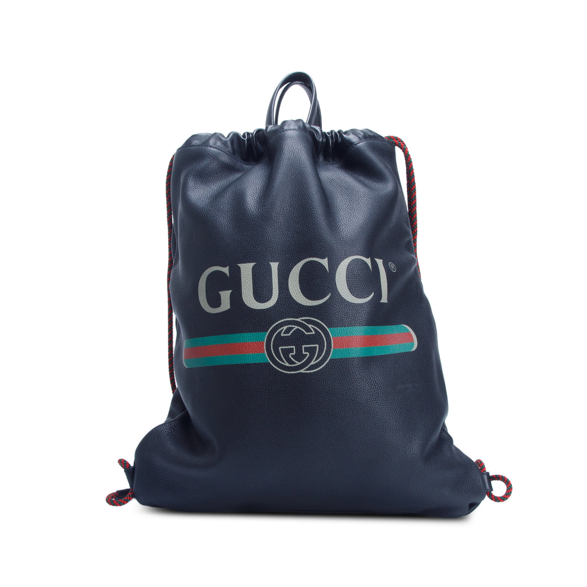 Gucci Black Logo Print Web Calfskin Leather Medium Drawstring Backpack w/ Box & Pouch