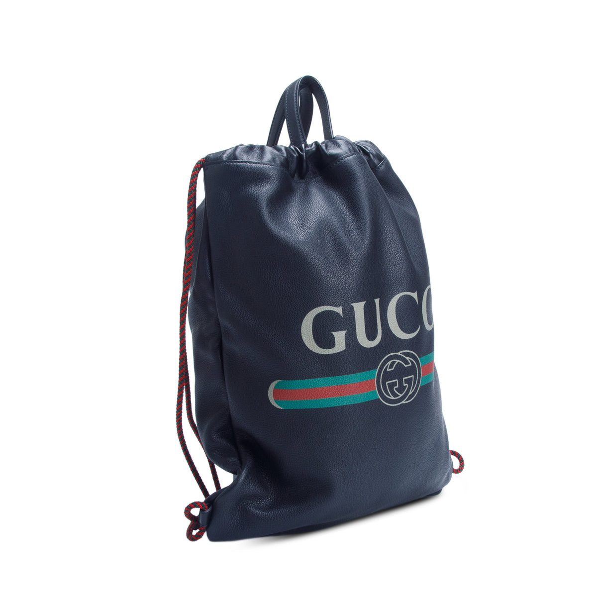 Gucci Black Logo Print Web Calfskin Leather Medium Drawstring Backpack w/ Box & Pouch