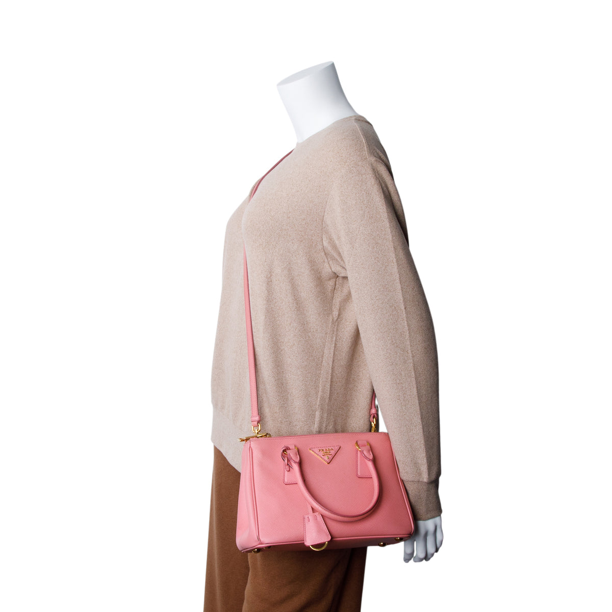 Prada Pink Saffiano Lux Leather Small Double Zip Galleria Tote w/ Strap & Authenticity Card