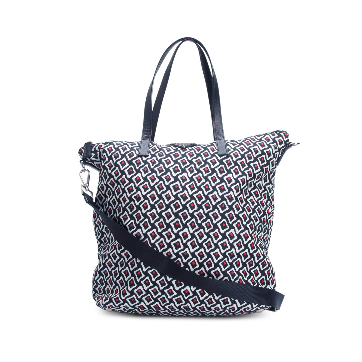 Prada Black Tessuto Nylon Stampata Geometric Print Tote w/ Strap & Authenticity Card
