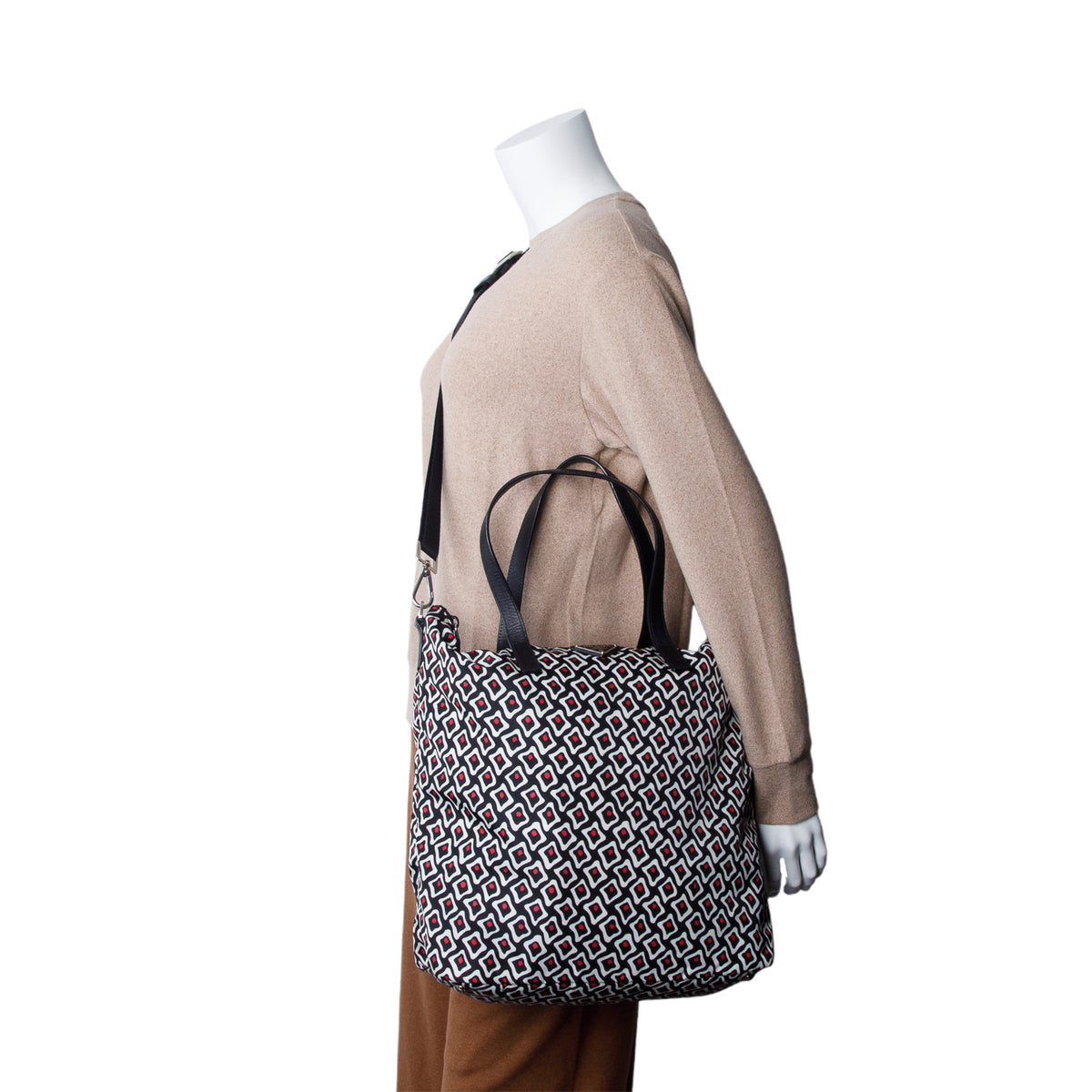 Prada Black Tessuto Nylon Stampata Geometric Print Tote w/ Strap & Authenticity Card