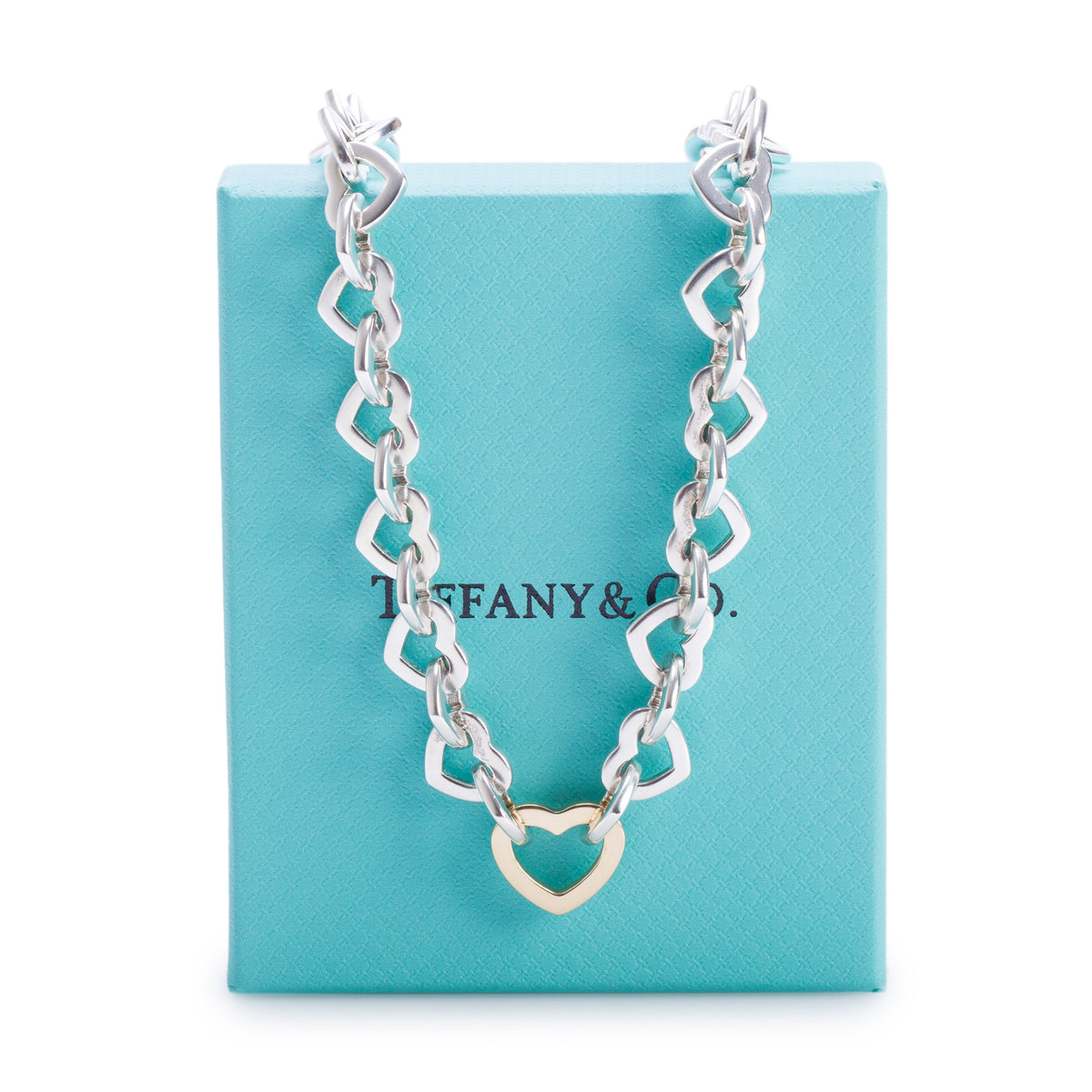 Tiffany & Co. Sterling Silver & 18k Yellow Gold Heart Link Necklace w/ Box