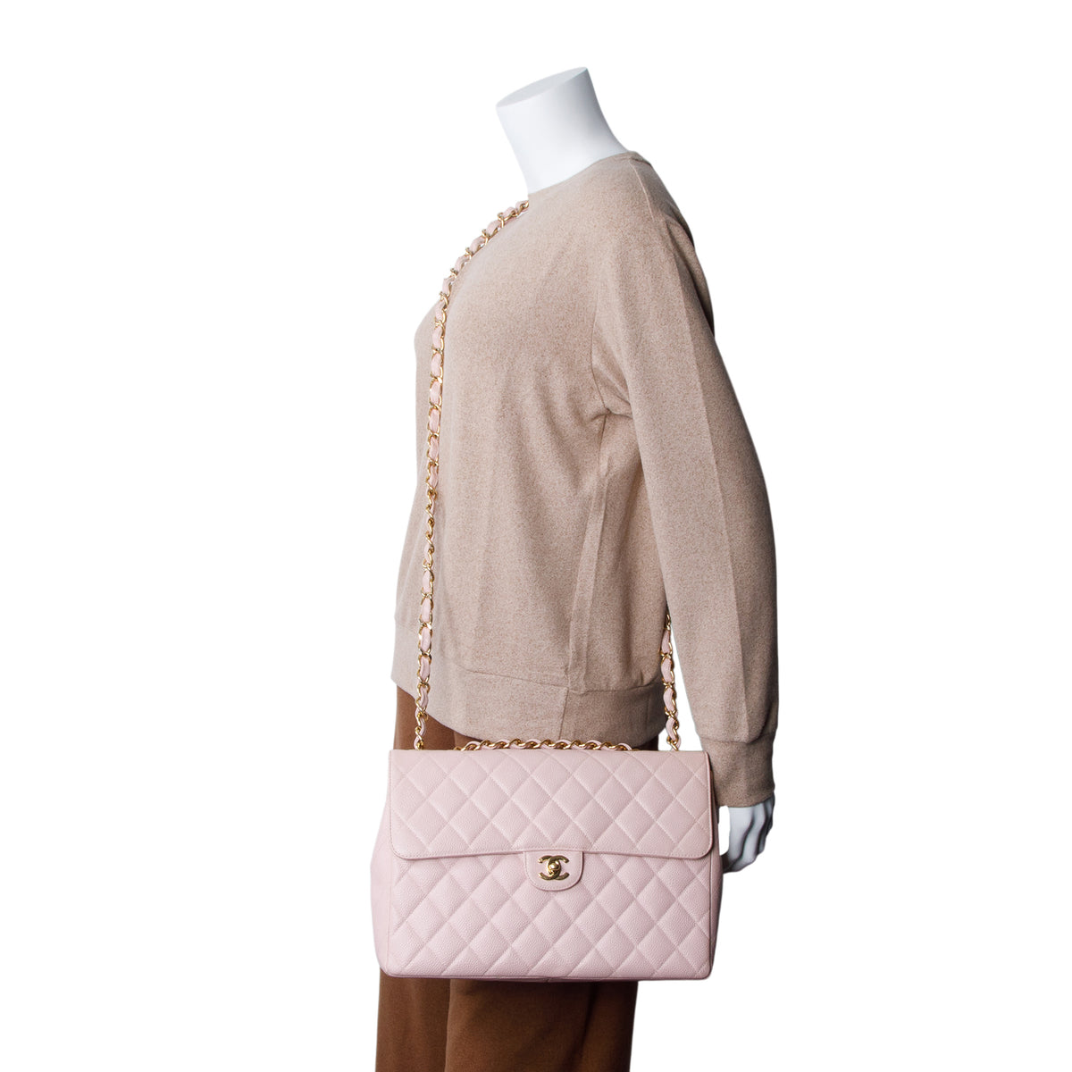 Chanel Pink Quilted Caviar Leather Square Classic Jumbo Single Flap Bag w/ Authenticity Card