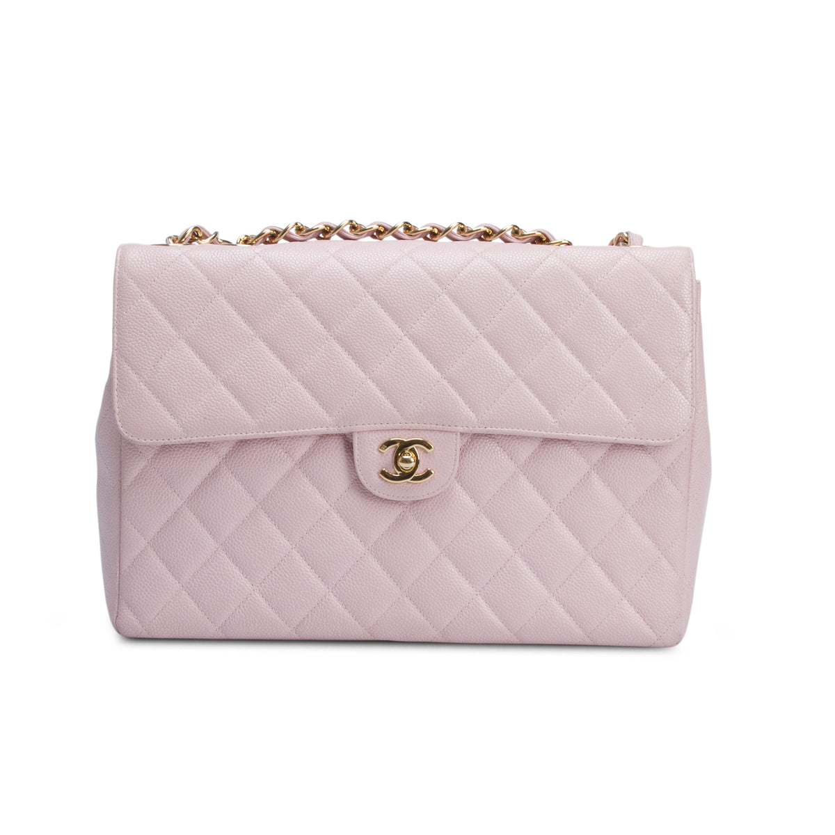 Chanel Pink Quilted Caviar Leather Square Classic Jumbo Single Flap Bag w/ Authenticity Card