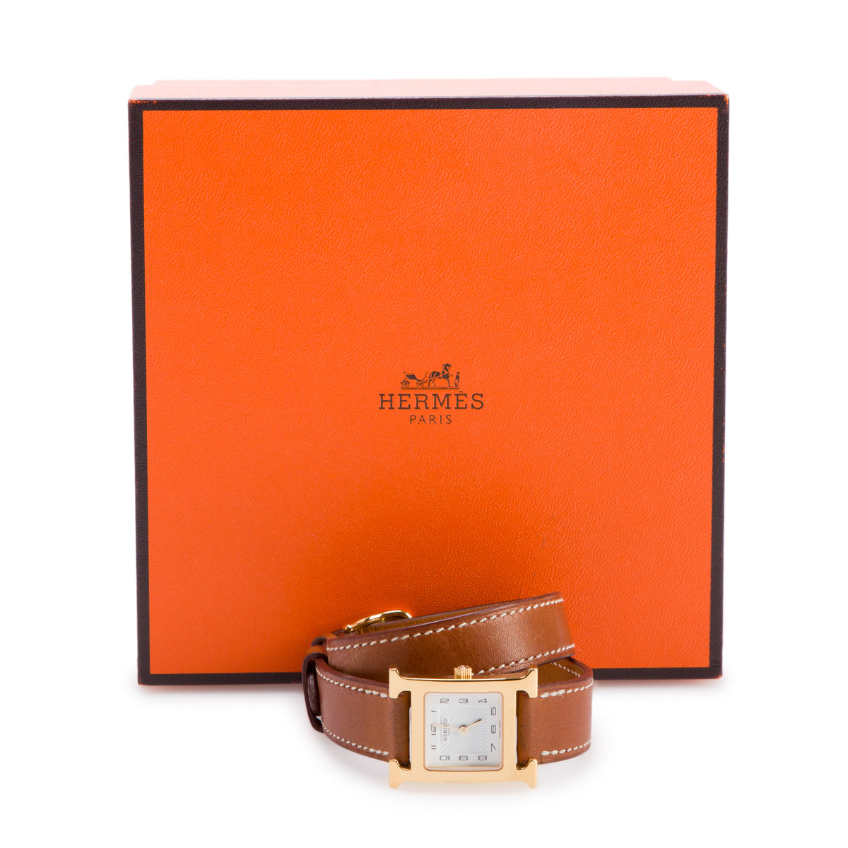 Hermes Gold Plated Stainless Steel Heure H 21 MM Quartz Double Tour Watch White Dial w/ Box