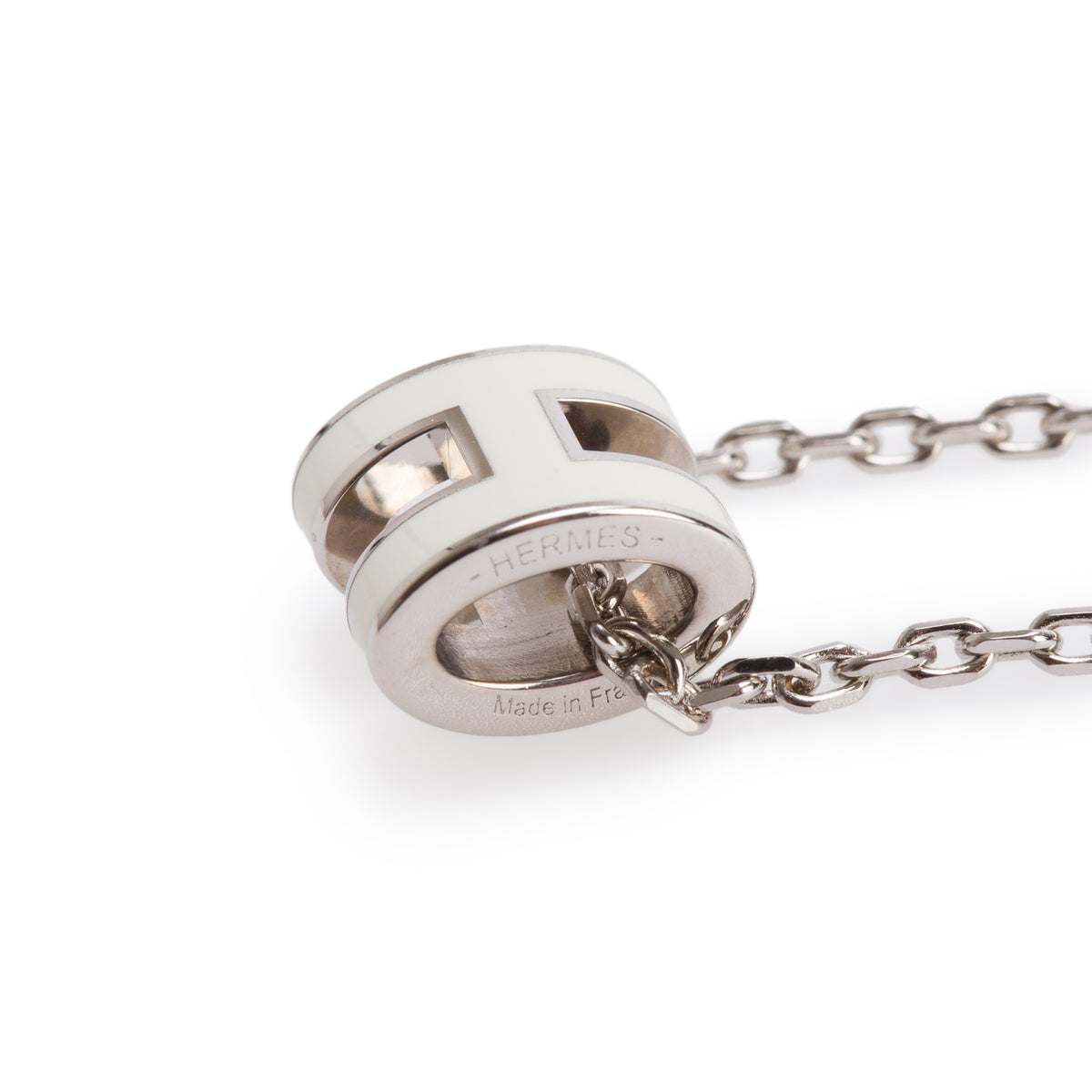 Hermes Palladium Plated White Lacquered Mini Pop H Pendant Necklace