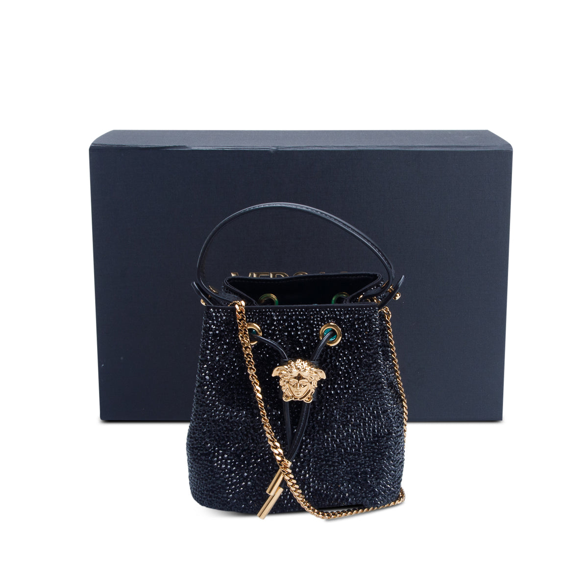 Versace Black La Medusa Embellished Satin Mini Bucket Bag w/ Box & Strap