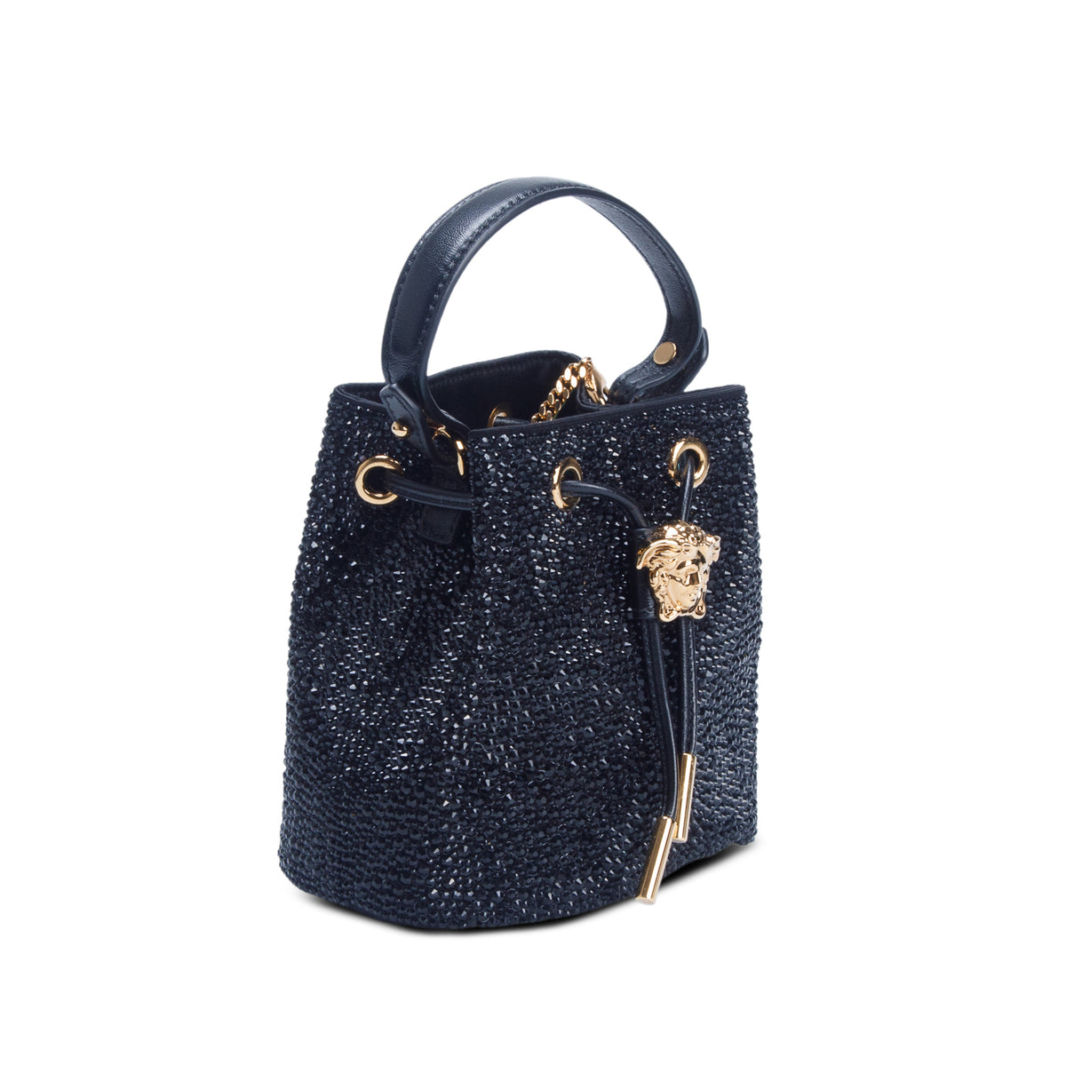 Versace Black La Medusa Embellished Satin Mini Bucket Bag w/ Box & Strap