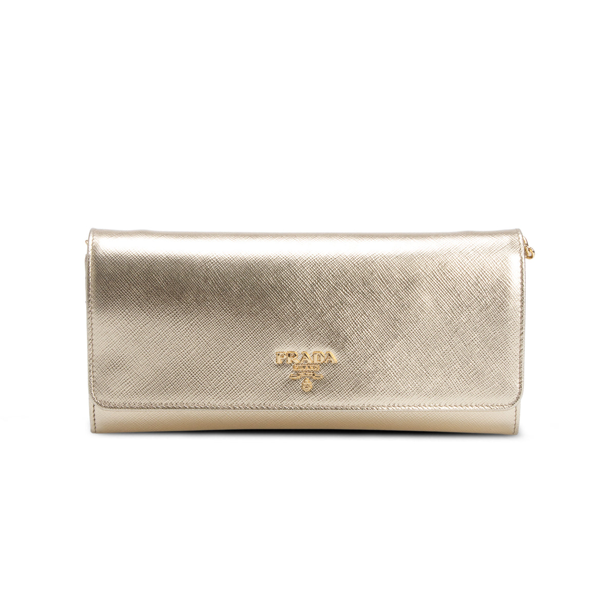 Prada Gold Saffiano Metal Continental Wallet on Chain