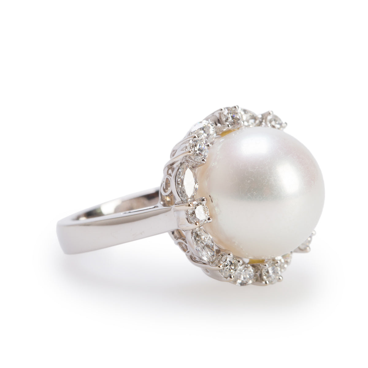 18k White Gold South Sea Pearl & Diamond Cocktail Ring, Size 6