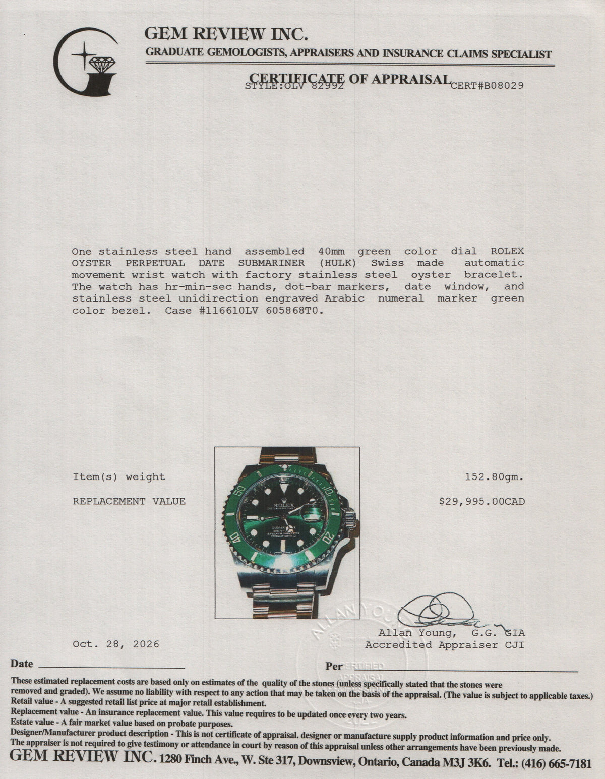 Rolex Stainless Steel Submariner Date 'Hulk' 40 MM Automatic Watch Green Dial 116610LV w/ Box & Papers