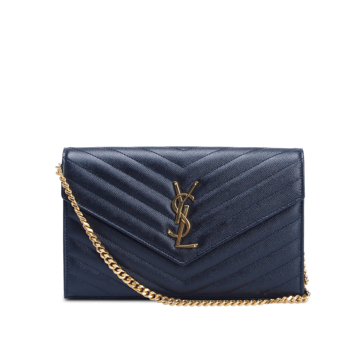 Saint Laurent 2023 Black Grain De Poudre Chevron Cassandre Envelope Chain Wallet