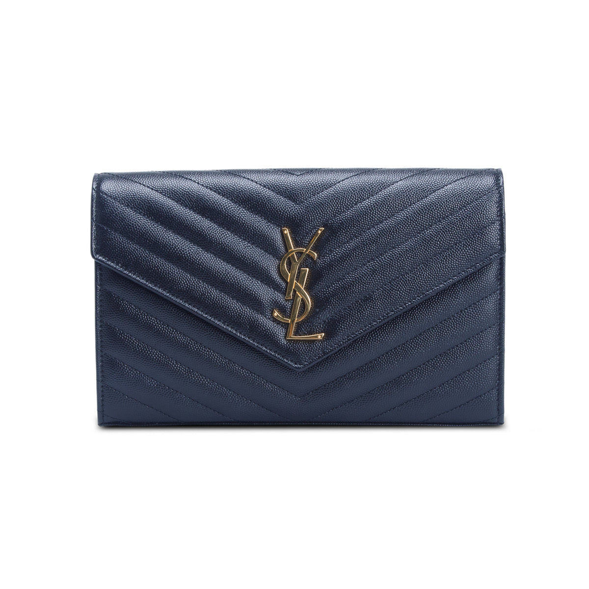 Saint Laurent 2023 Black Grain De Poudre Chevron Cassandre Envelope Chain Wallet