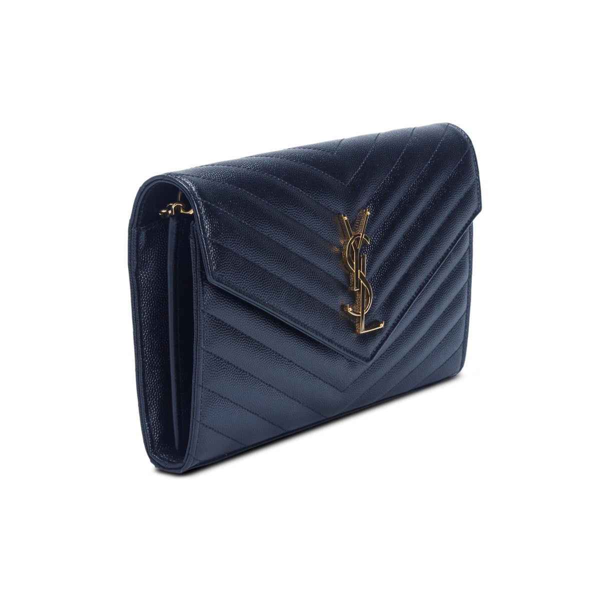 Saint Laurent 2023 Black Grain De Poudre Chevron Cassandre Envelope Chain Wallet