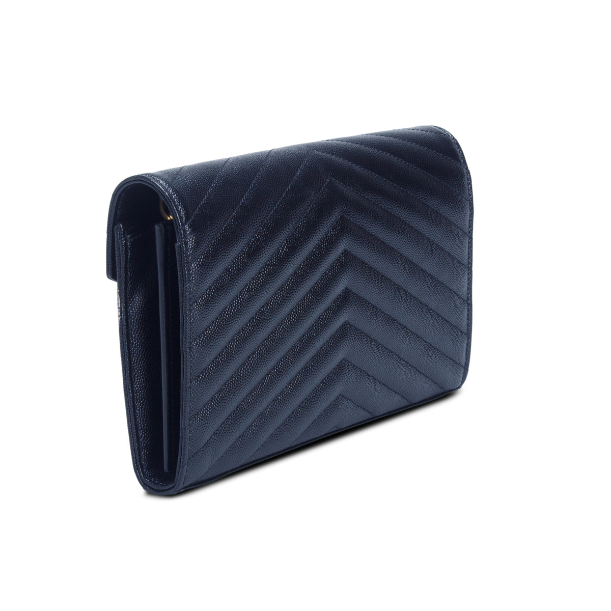 Saint Laurent 2023 Black Grain De Poudre Chevron Cassandre Envelope Chain Wallet