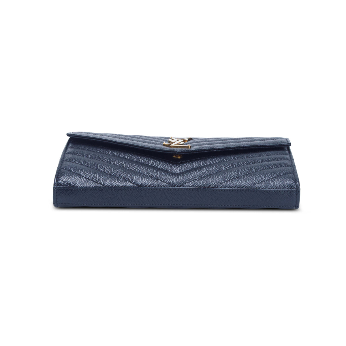 Saint Laurent 2023 Black Grain De Poudre Chevron Cassandre Envelope Chain Wallet