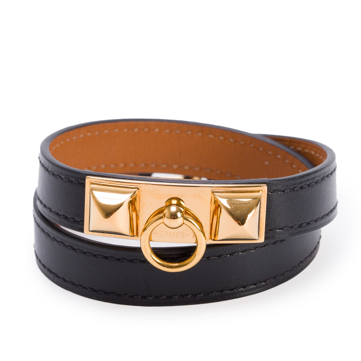 Hermes Gold Plated Rivale Double Tour Noir Leather Bracelet, Size M w/ Box