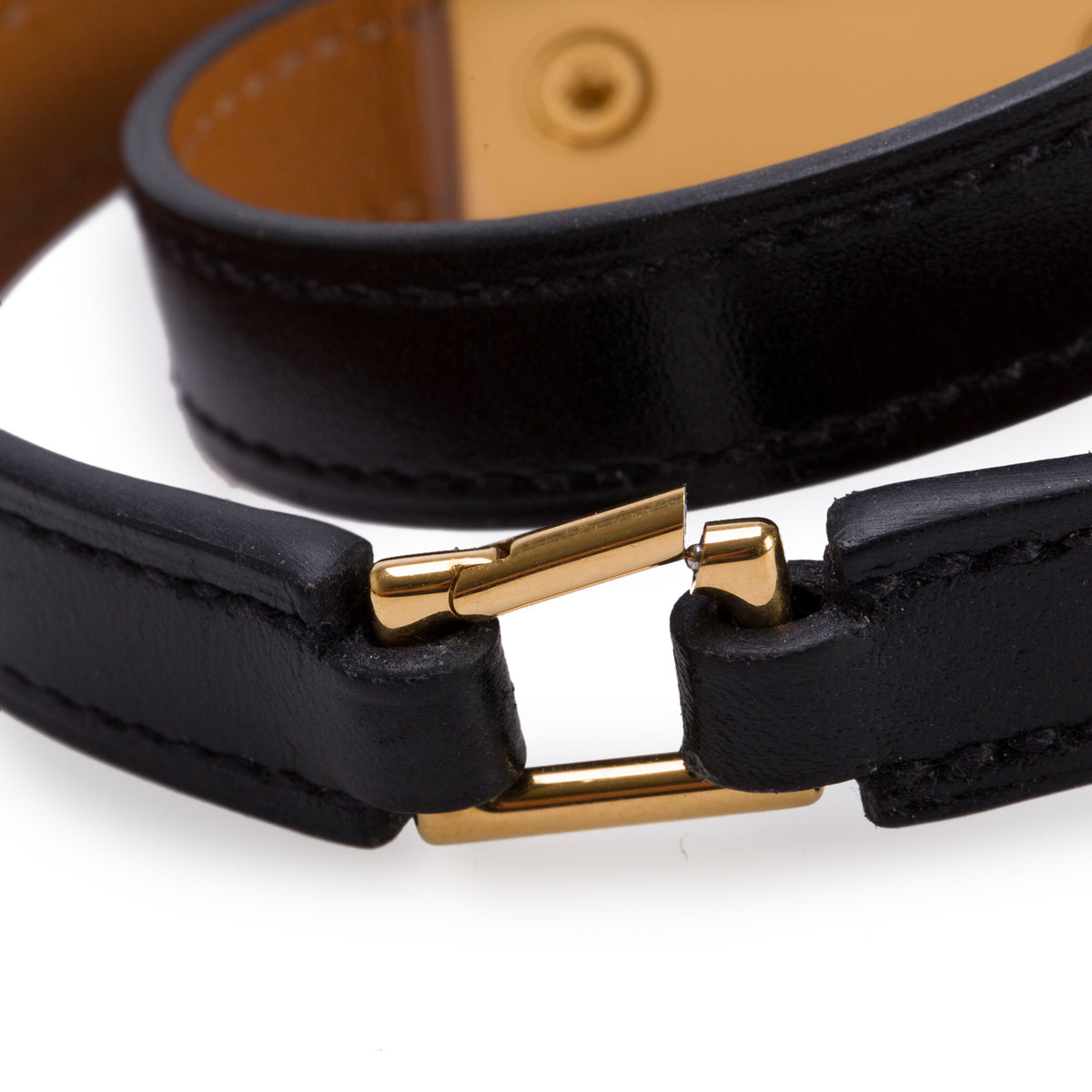 Hermes Gold Plated Rivale Double Tour Noir Leather Bracelet, Size M w/ Box